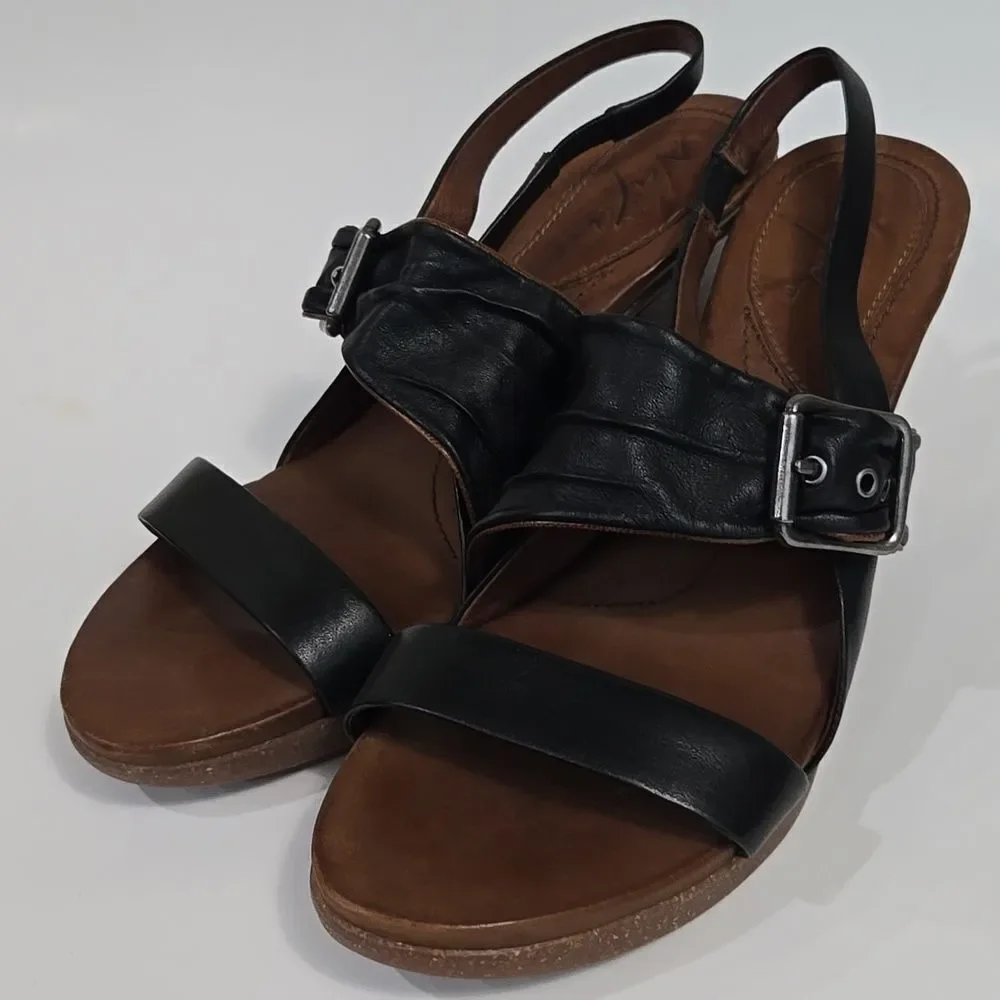 Naya Alamosa Black Leather Sling Back Sandals Block Heel Sz 9.5 Buckle Strappy‎